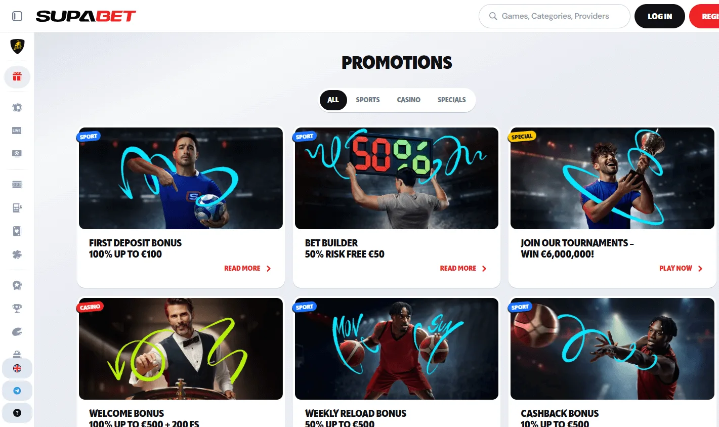 Supabet Casino desktop promotions area with bonuses and promotional activities
