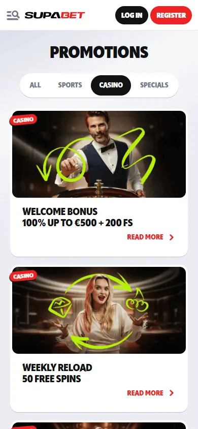 Supabet Casino mobile promotions area with bonus and cashback offers