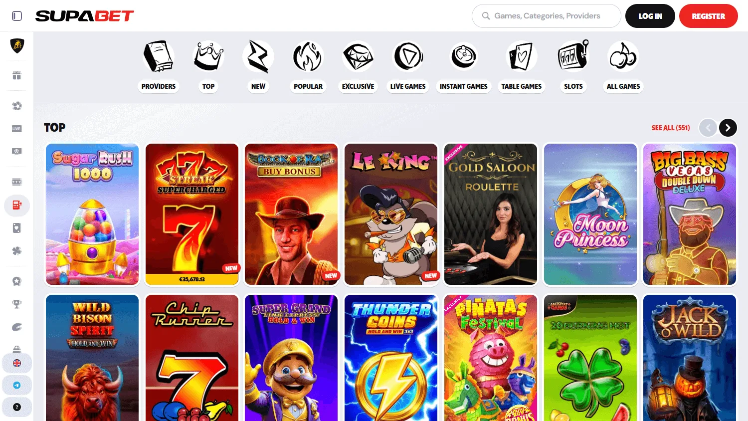 Supabet Casino desktop game catalogue with pokies and live casino options