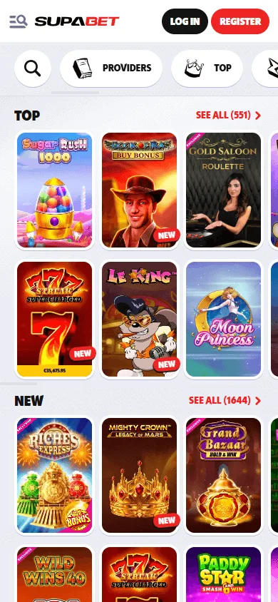 Supabet Casino mobile game catalogue with casino titles and live games