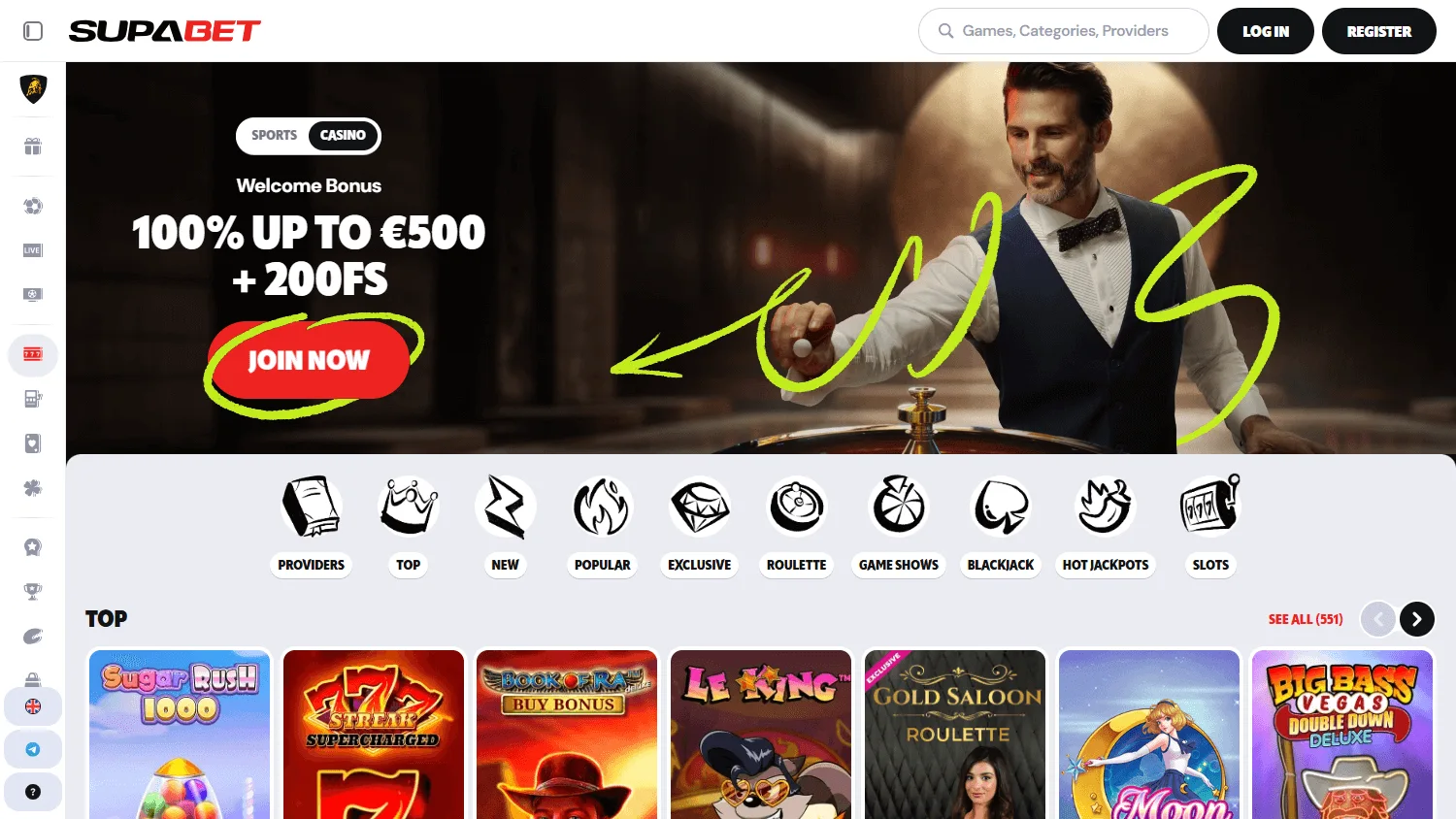 Supabet Casino desktop home experience with casino offers and account access